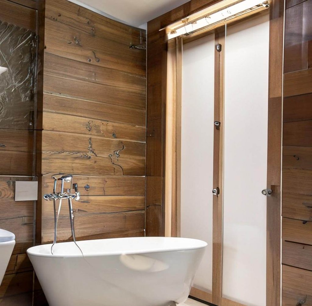 bath with wood walls , a bathtub, have. avery nice look and very intersting