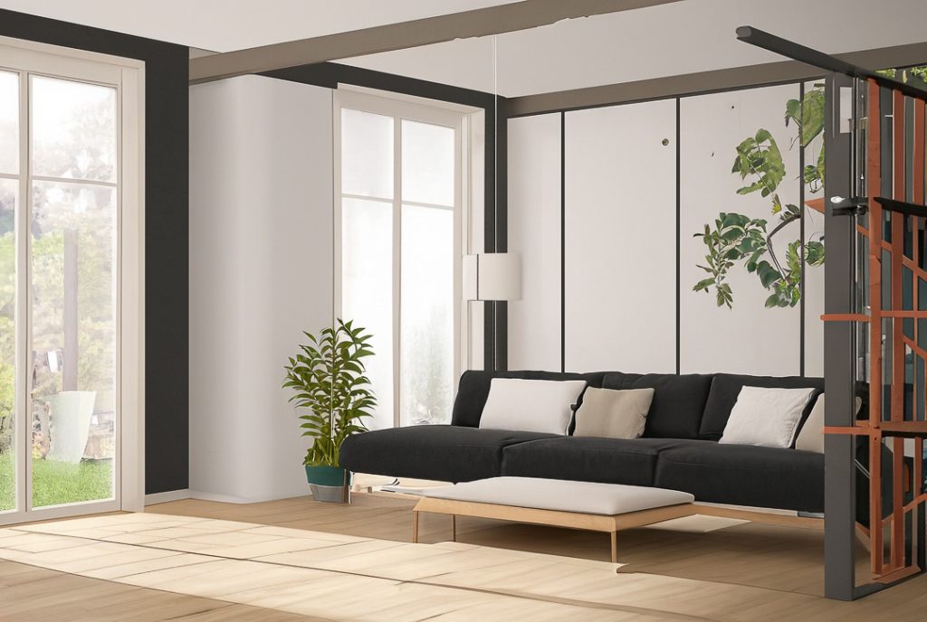 modern oriental stile livingroom , 2 little plans inside, a big gray sofa, a little table ,white walls