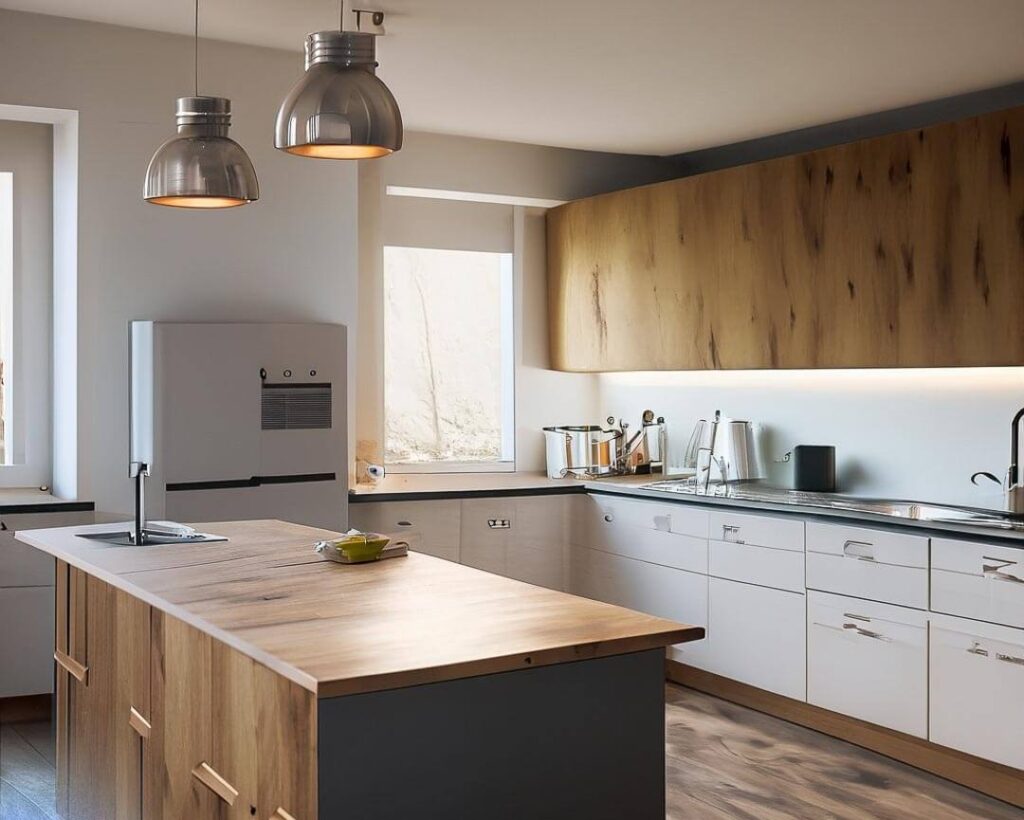 big kitchen with island table, wood details ,2 lights ,a refrigerator, some cooking stuff