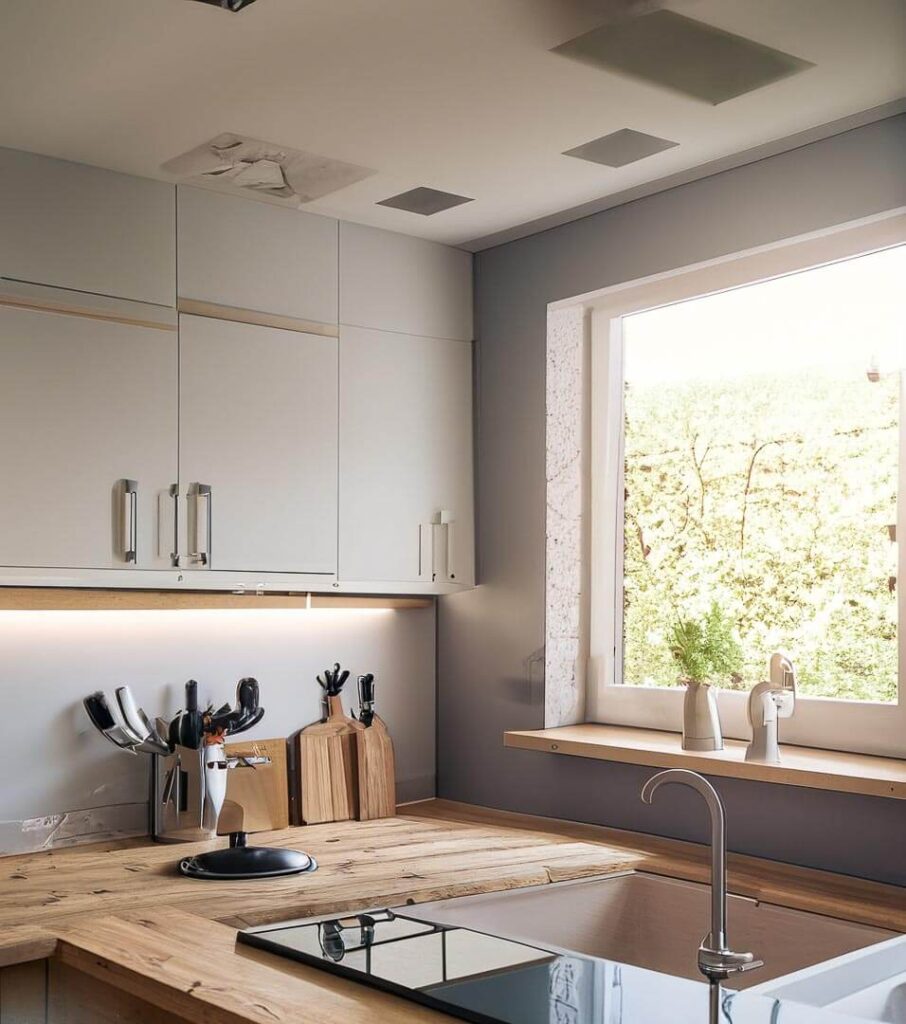 small kitchen, wood details, gray walls, a little plant