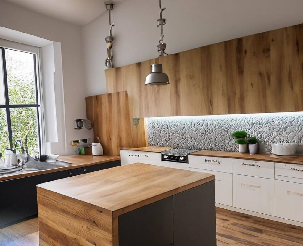 big kitchen with island table, wood details ,2 lights , some cooking stuff, 2 little planst