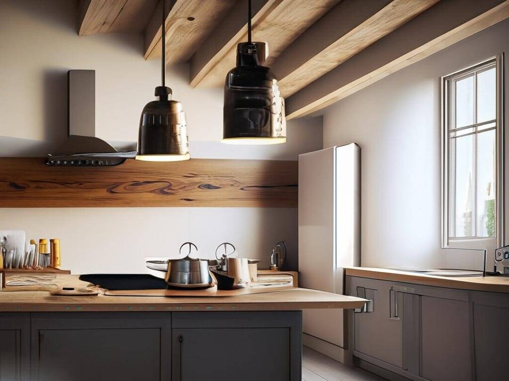 beautifull kitchen, modern , 2 lights , a refrigerator, some cooking stuff, wooden roof, the kitchen mostly is wood and the gabinets are gray