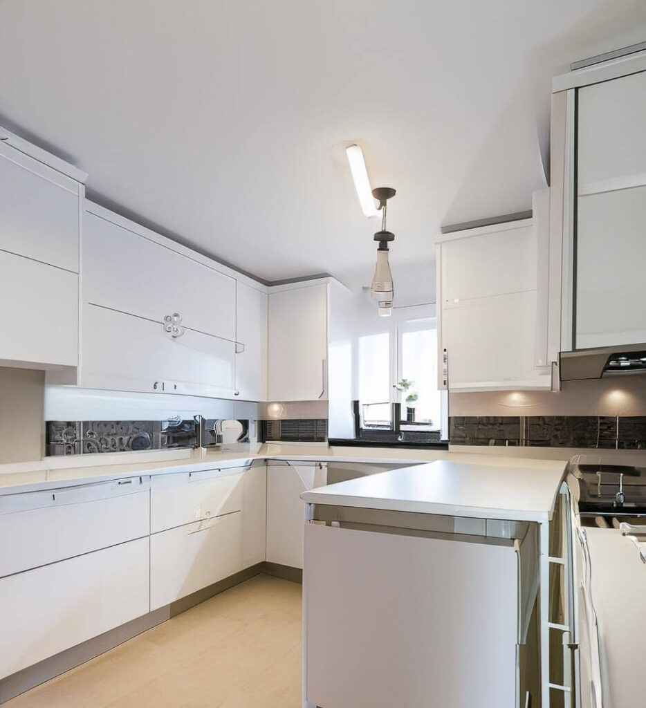 white modern kitchen, island table, big , 1 light