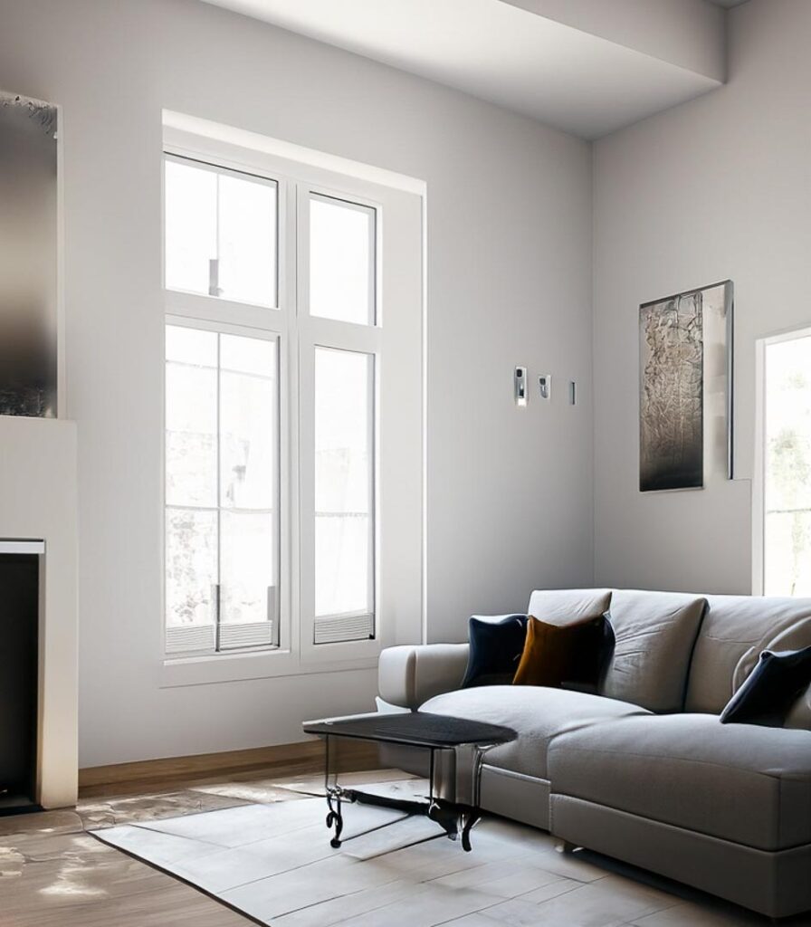 living room with gray walls, sofa , little black table, a painting with a intersting design