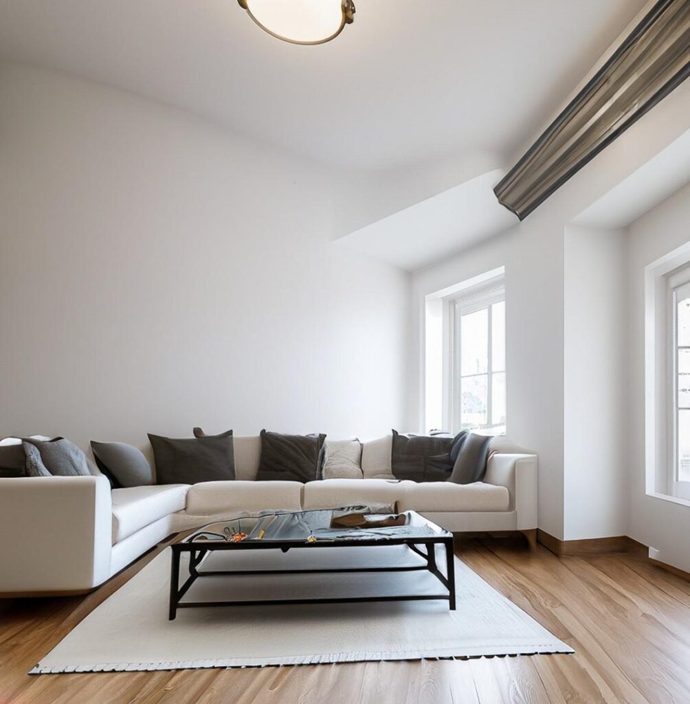 big livingroom , modern , wooden floor ,white walls, white big fanci sofa, low black table , charming style