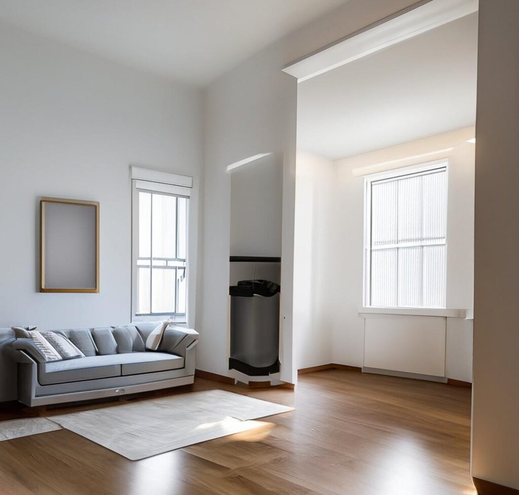 clasic living room, wooden floor , white walls , grey sofa and a gray empty painting.