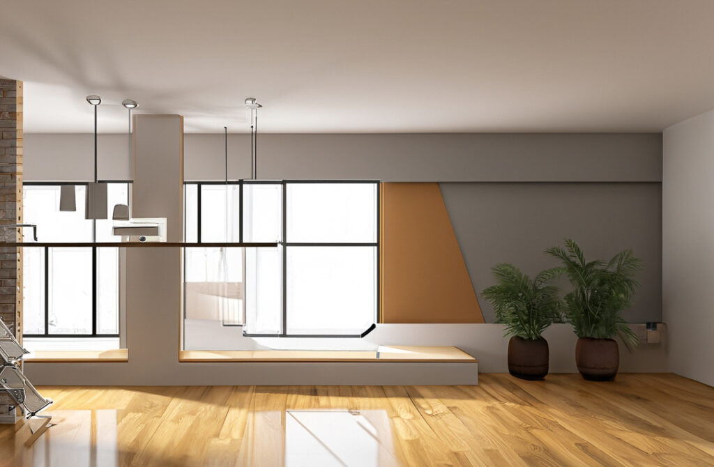 livingroom , with 2 little plants, floor made of wood, gray walls , windows and some lights, looks very fancy