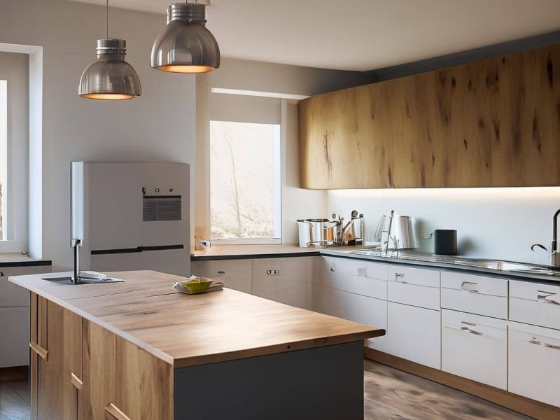 big kitchen with island table, wood details ,2 lights ,a refrigerator, some cooking stuff