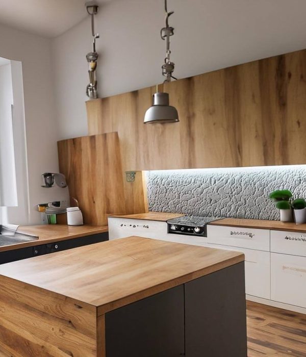 big kitchen with island table, wood details ,2 lights , some cooking stuff, 2 little planst