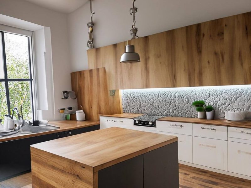 big kitchen with island table, wood details ,2 lights , some cooking stuff, 2 little planst