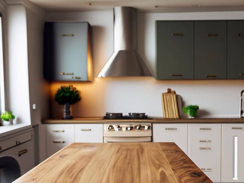 beautifull kitchen, modern , 3 little plants, wooden table, white walls