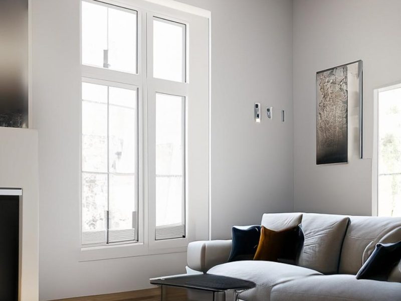 living room with gray walls, sofa , little black table, a painting with a intersting design