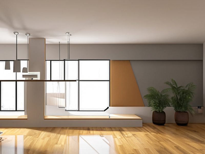 livingroom , with 2 little plants, floor made of wood, gray walls , windows and some lights, looks very fancy