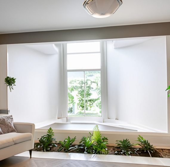 livingroom , with a lot little plants and a big one , floor made of wood, gray walls , windows and some lights,